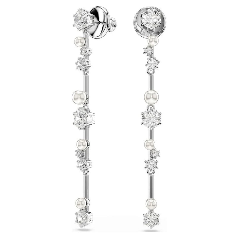 Swarovski Constella Pearl and Round Cut Crystal Drop Earrings Rhodium Plated