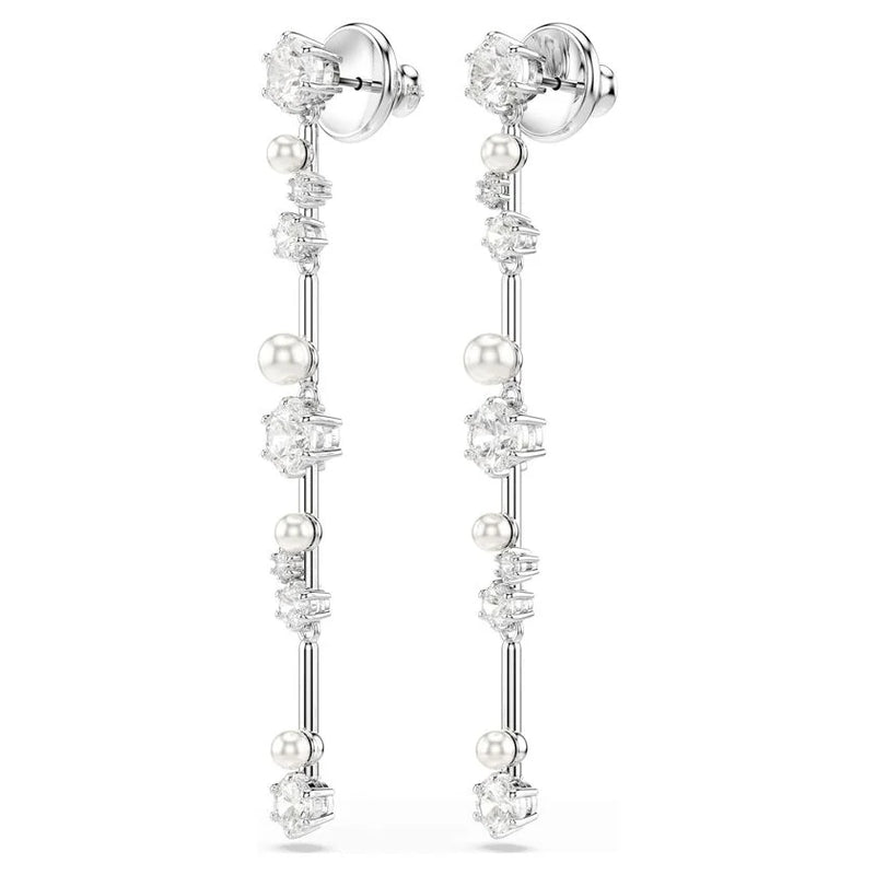 Swarovski Constella Pearl and Round Cut Crystal Drop Earrings Rhodium Plated