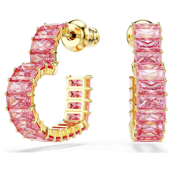 Swarovski Matrix Pink Baguette Cut Small Heart Hoop Earrings Gold Plated