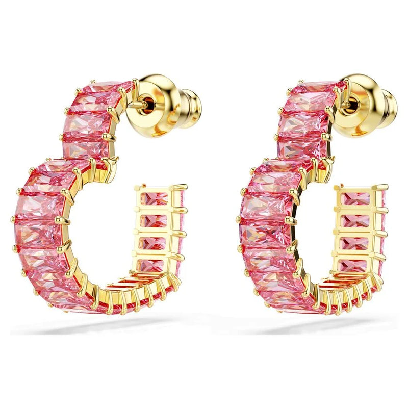 Swarovski Matrix Pink Baguette Cut Small Heart Hoop Earrings Gold Plated