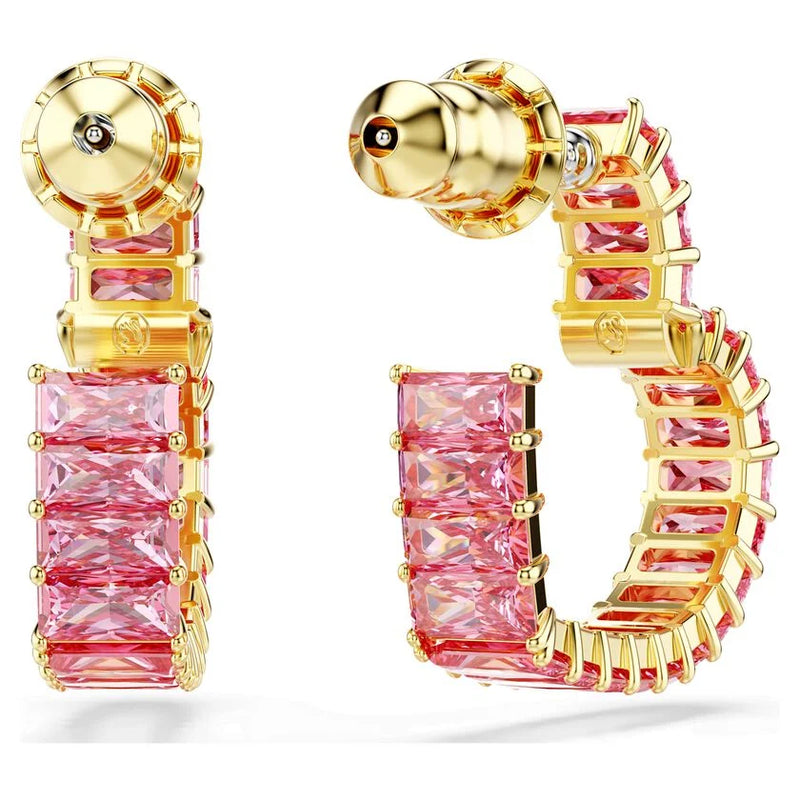 Swarovski Matrix Pink Baguette Cut Small Heart Hoop Earrings Gold Plated