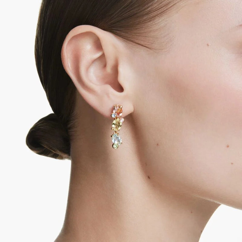 Swarovski Gema Asymetrical Multicoloured Drop Earrings Gold Plated