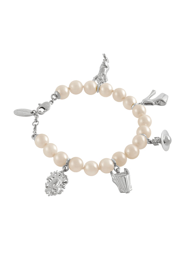 Vivienne Westwood Anglo Pearl and Iconic Charm Bracelet Platinum Plated