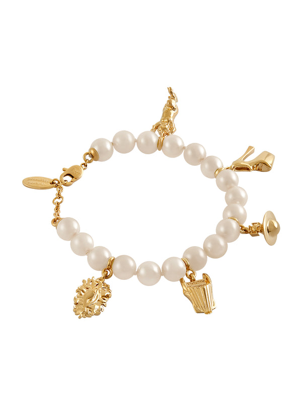 Vivienne Westwood Anglo Pearl and Iconic Charm Bracelet Gold Plated