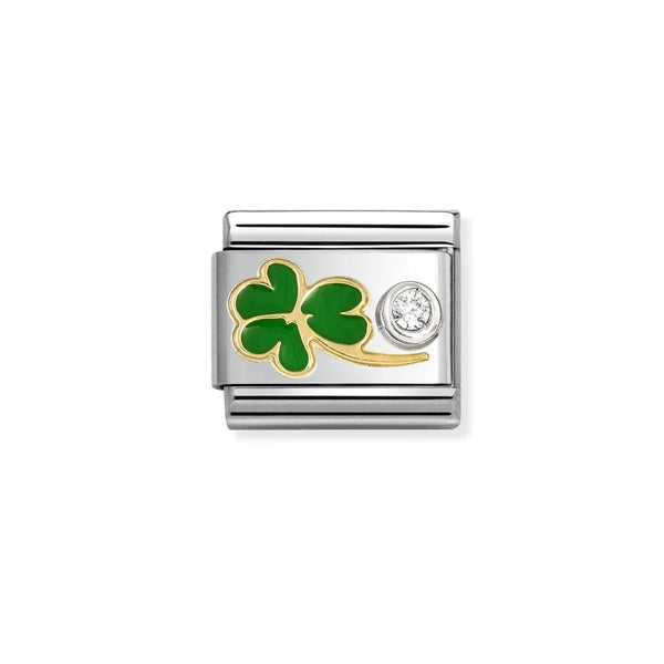 Nomination Composable Classic Link Green Enamel Shamrock With CZ Stainless Steel 925 Silver 750 Gold