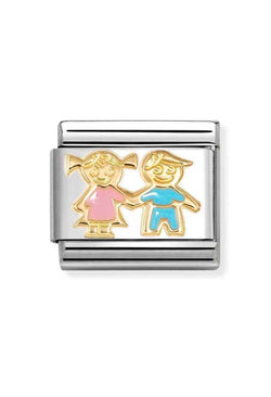 Nomination Composable Classic Symbols Brother & Sisters Pink & Blue in Steel, Enamel and 18k Gold