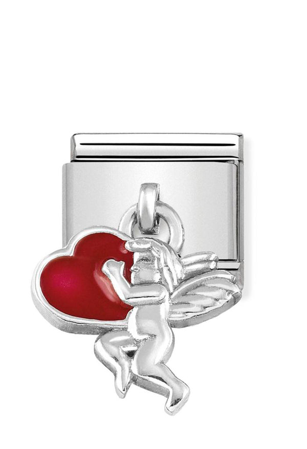 Nomination Composable Classic Link Charm ANGEL WITH HEART DROP in Steel, 925 Silver and Enamel
