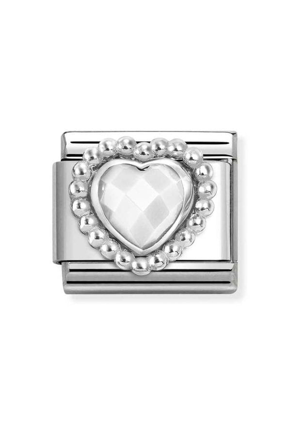 Nomination Composable CL FACETED STONES, steel, WHITE OPAL HEART with DOT SETTING in 925 Sterling Silver