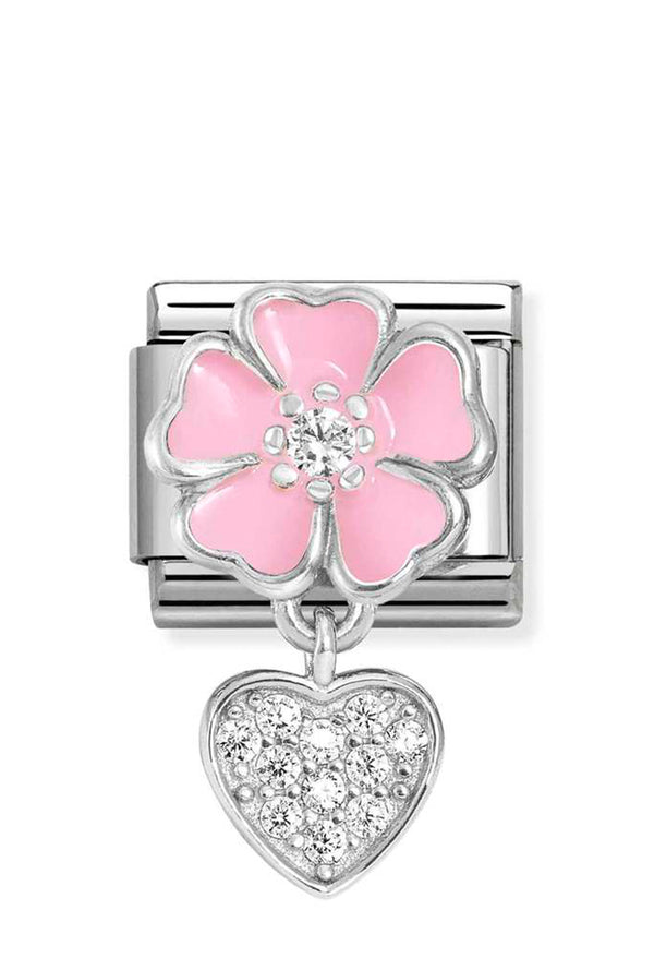 Nomination Composable Classic Link Pink Enamel Flower With Heart in Silver