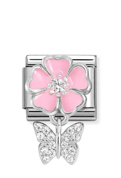 Nomination Composable Classic Link Pink Enamel Flower With Butterfly in Silver