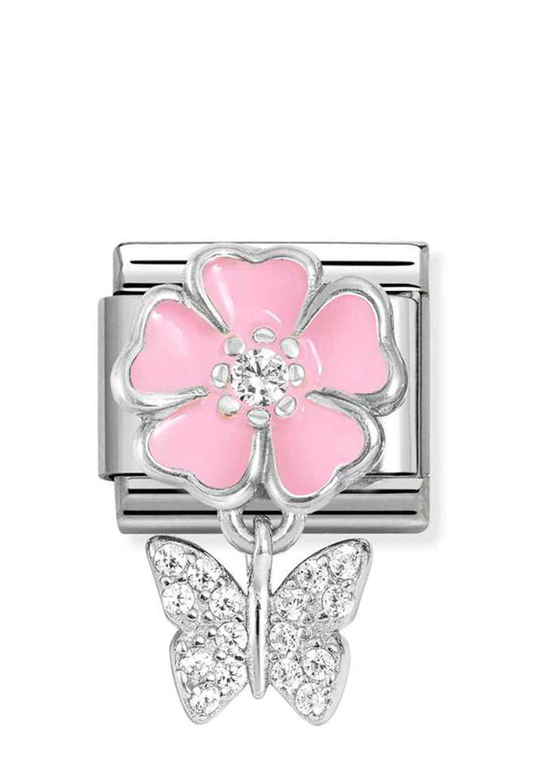 Nomination Composable Classic Link Pink Enamel Flower With Butterfly in Silver