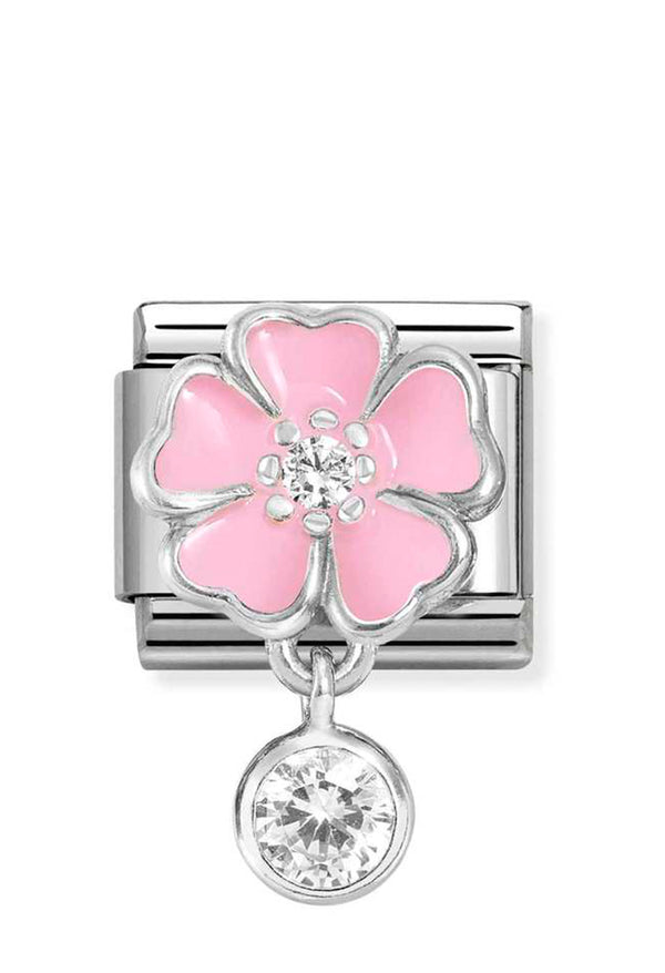Nomination Composable Classic Link Pink Enamel Flower With Round Drop in Silver