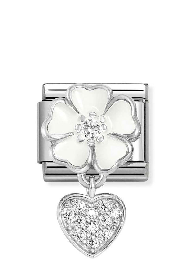 Nomination Composable Classic Link White Enamel Flower With Heart Drop in Silver