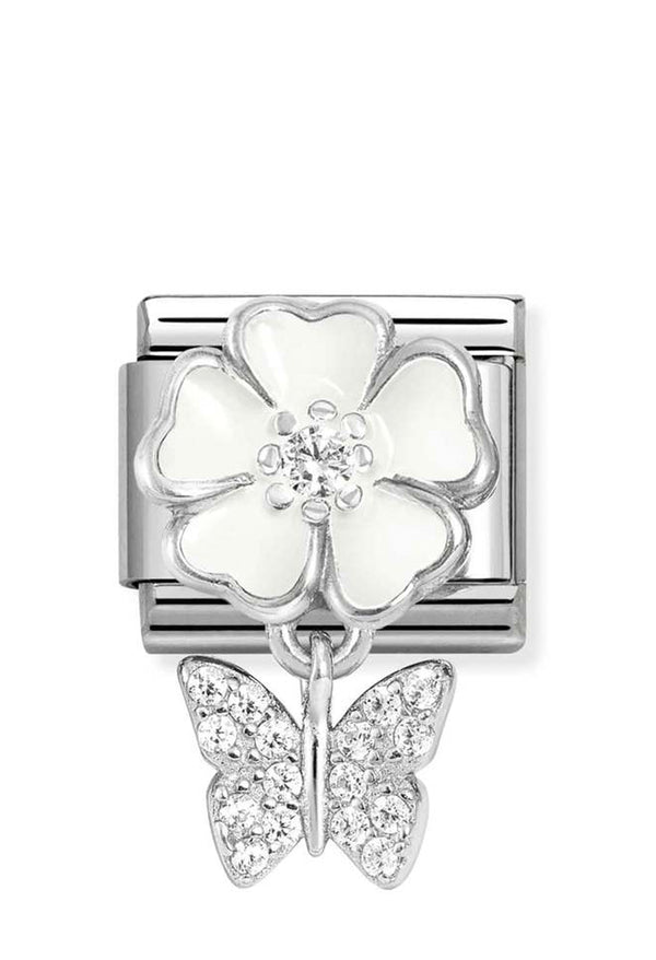 Nomination Composable Classic Link White Enamel Flower With Butterfly in Silver