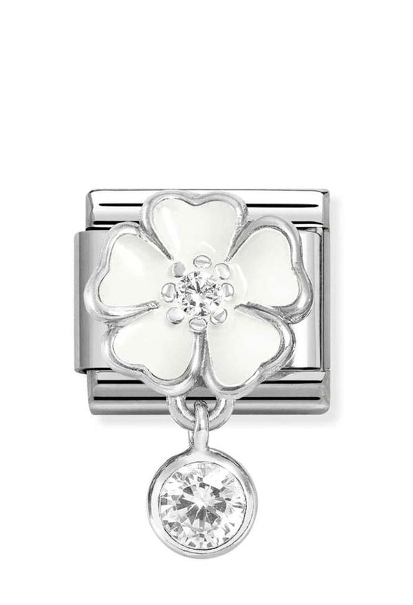 Nomination Composable Classic Link White Enamel Flower With Round Drop in Silver