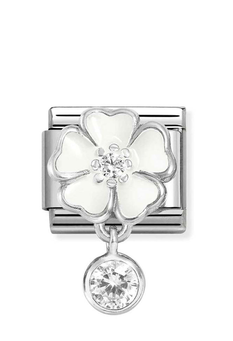 Nomination Composable Classic Link White Enamel Flower With Round Drop in Silver