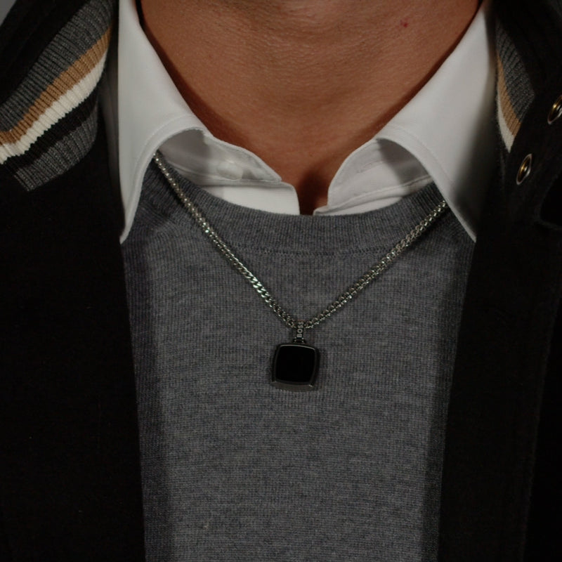 BOSS Mens Odell Square Pendant Black and Stainless Steel