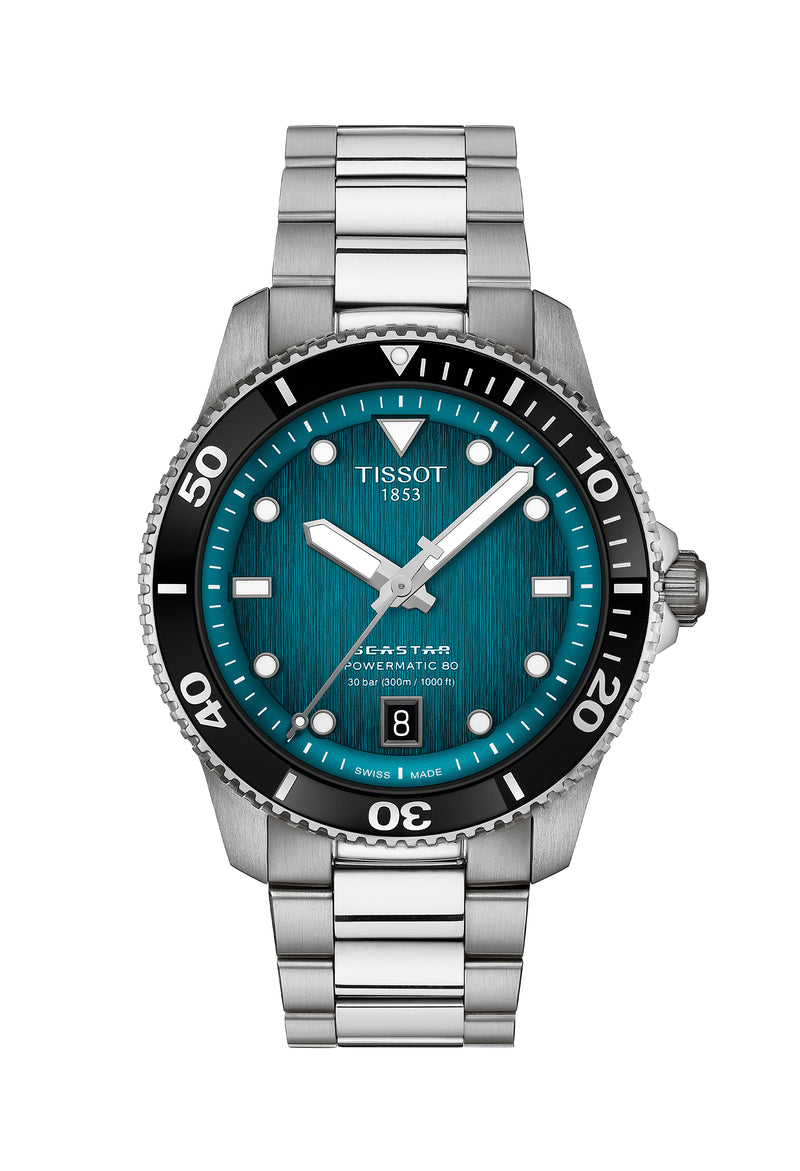 Mens Tissot 40mm Seastar 1000 Graded Turquoise Dial Stainless Steel Bracelet Watch