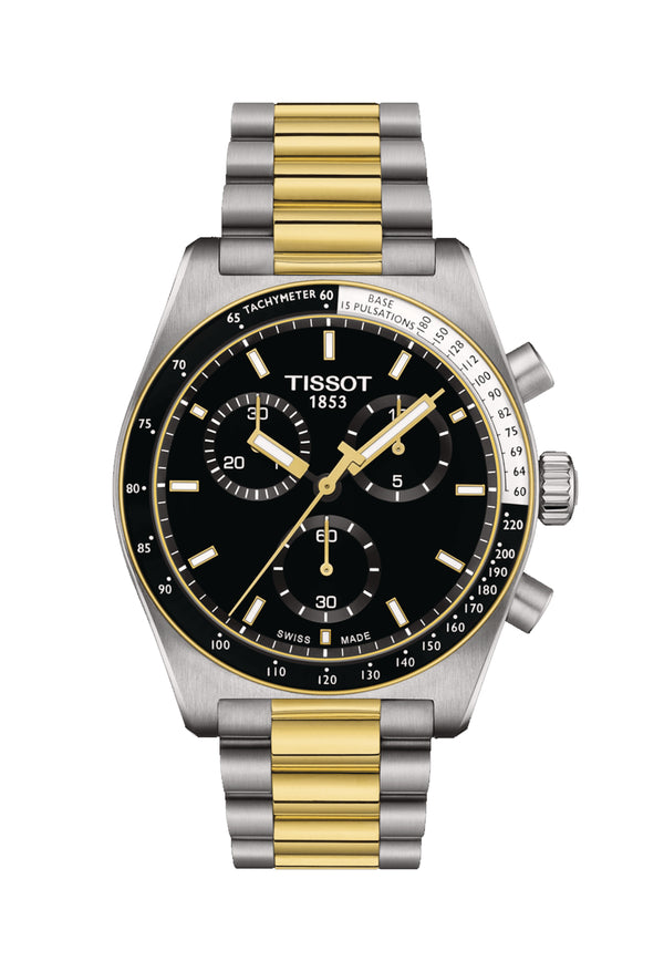 Mens Tissot PR516 Black Dial Chronograph Bracelet Watch Stainless Steel GP