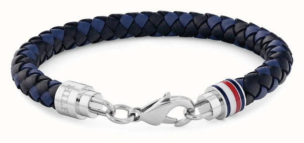 Tommy Hilfiger Mens Tyson Black and Blue Braided Leather Bracelet