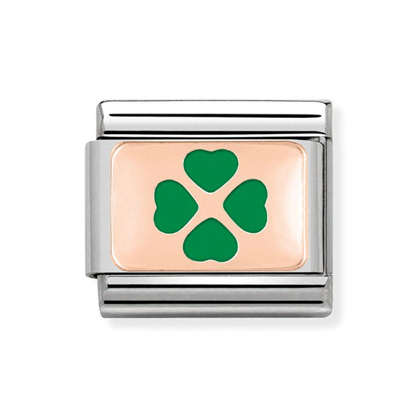 Nomination Composable Classic Link Plates Green Four-Leaf Clover in 9K Rose Gold and enamel