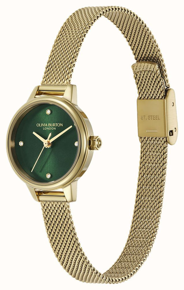 Olivia Burton Ladies Mini Classic Forset Green Dial Mesh Bracelet Watch Stainless Steel Gold Plated