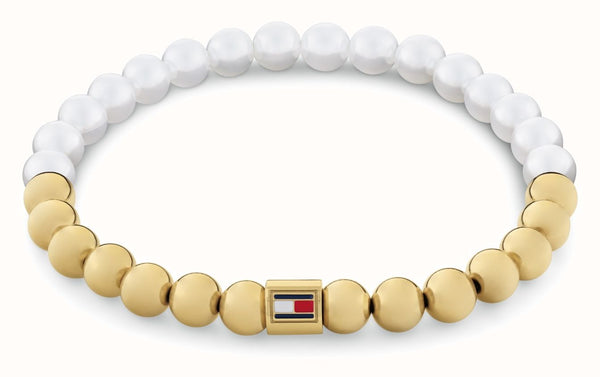 Tommy Hilfiger Ladies Semi-Precious Beads, Pearl and Gold Tone Bead Bracelet