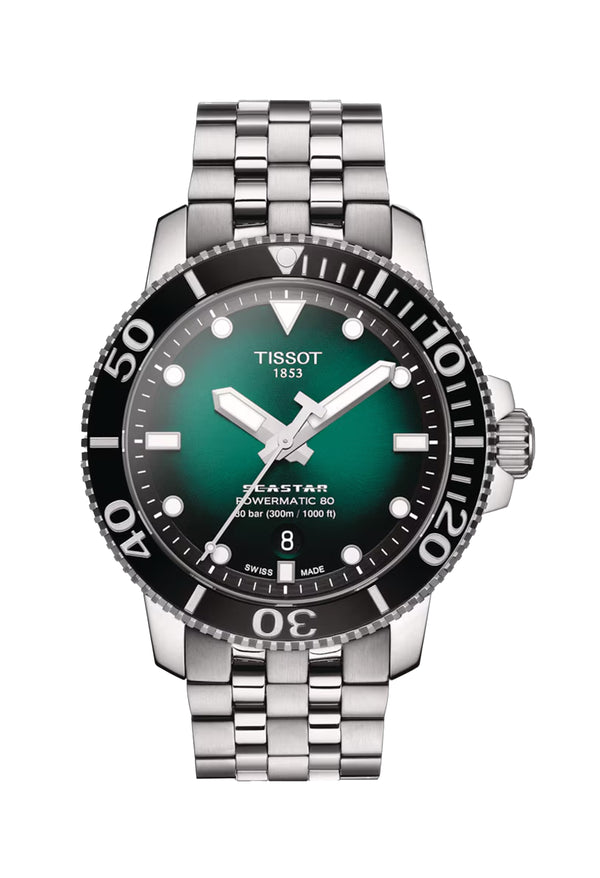 Mens Tissot Green Dial Seastar 1000 Powermatic 80 Bracelet Watch