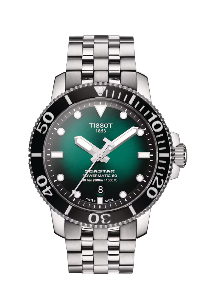 Mens Tissot Green Dial Seastar 1000 Powermatic 80 Bracelet Watch