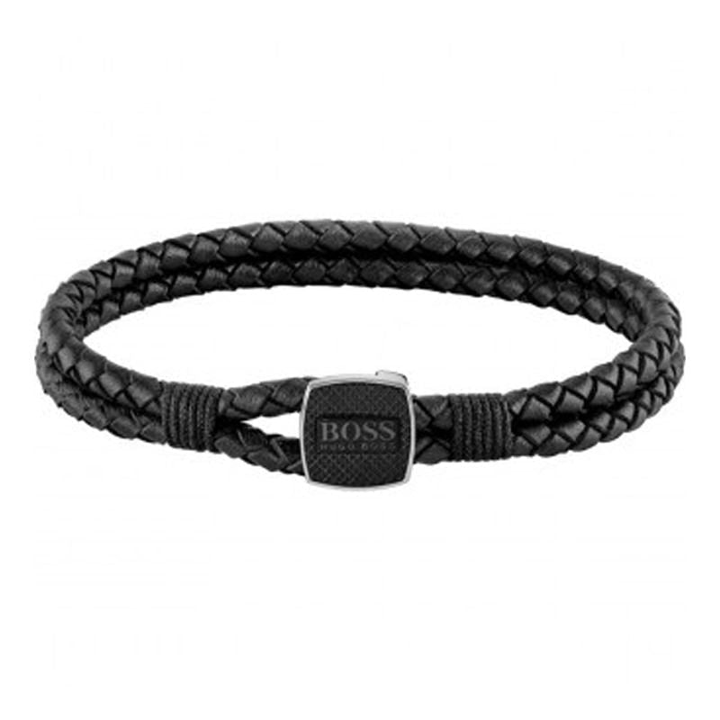 BOSS Mens Seal Black Leather Bracelet