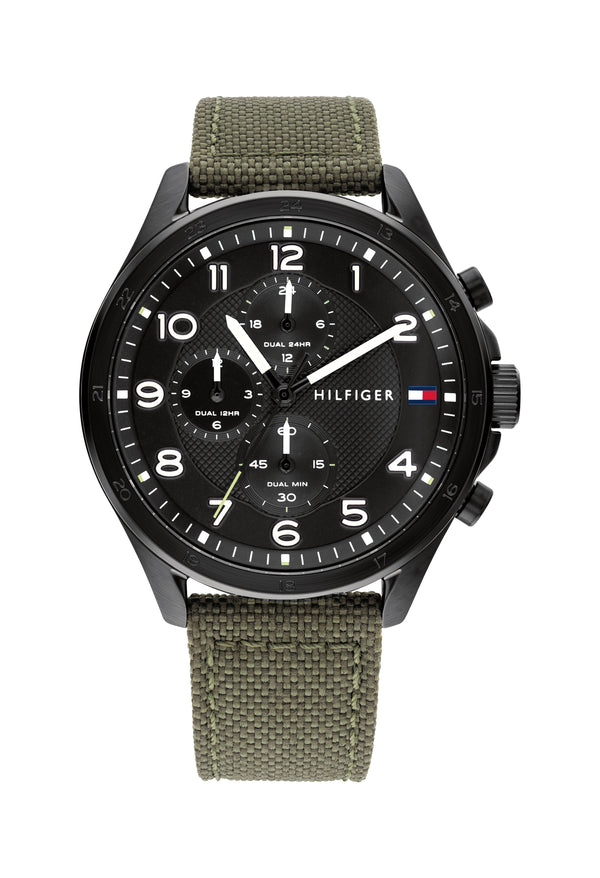 Tommy Hilfiger Gents Axel Black Dial Khaki Nylon Strap Watch *